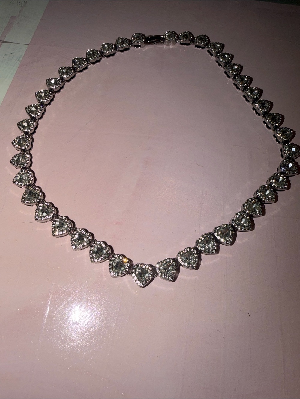 Source Unknown Silver Heart Crystal Tennis Necklace